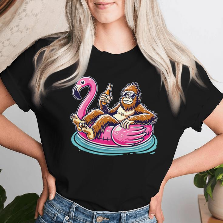 Bigfoot Chilling On Flamingo Float With Beer Fun Summer Vibe Women T-shirt Gifts for Her