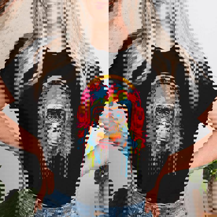 Donna Divertente Scimmia Anni '60 '70 Groovy Gorilla Hippie Ape Cool Monkey Con Collo A Maglietta da donna Regalos para ella