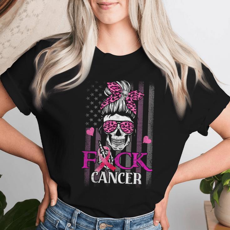 Messy Bun Skull Brustkrebs Bewusstsein Fuck-Cancer Usa Flagge T-shirt Frauen Geschenke für Sie