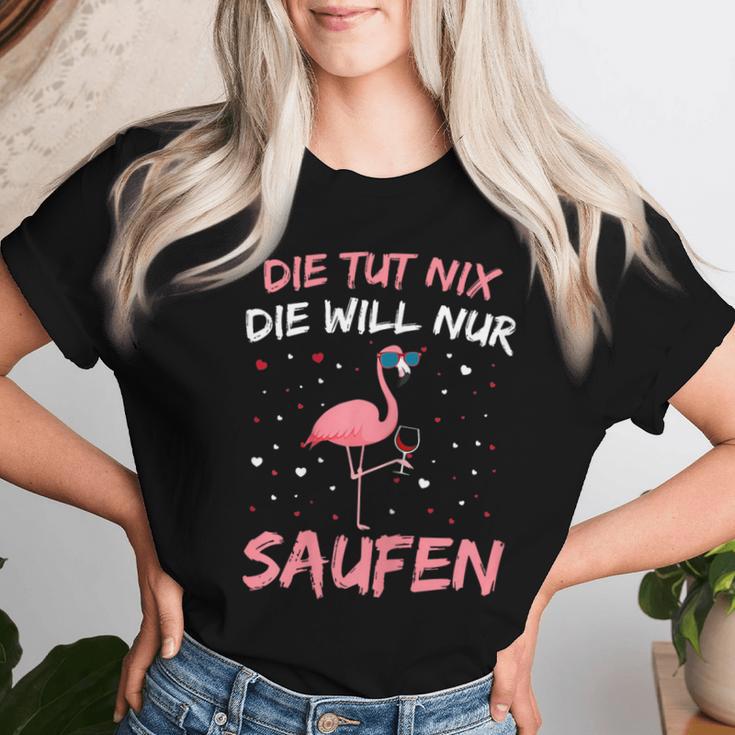 Women's Die Tut Nix Die Will Nur Saufen Flamingo Wine Alcohol Party T-shirt Frauen Geschenke für Sie