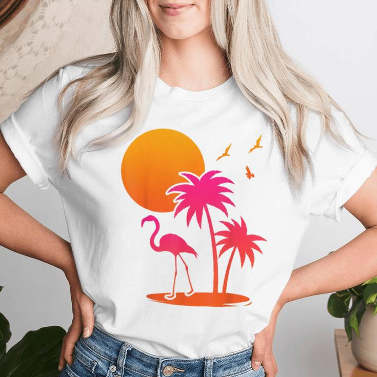 Pink Flamingo Summer Vibes Palm Trees Tropical Summer Women T-shirt Gifts for Her