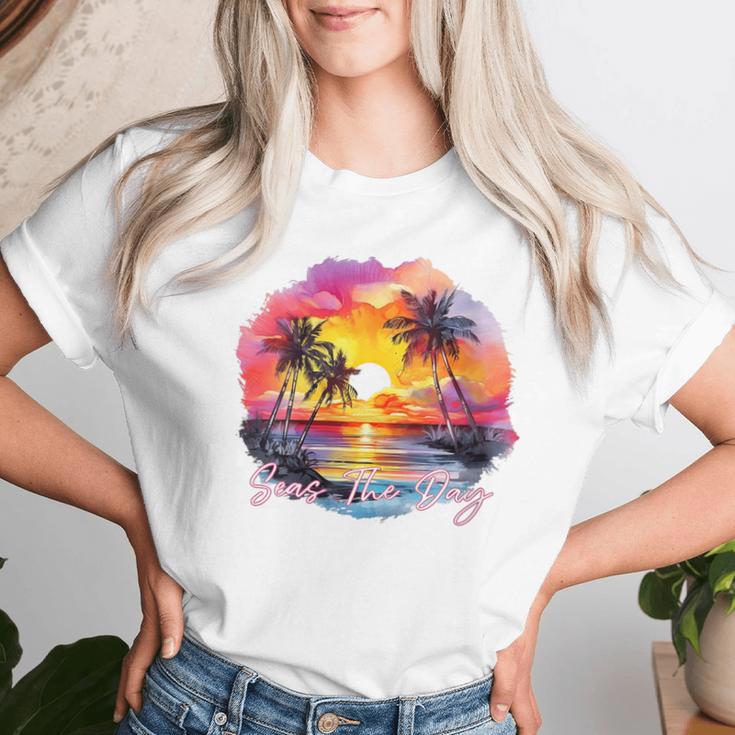 T-shirt Homme Col V Coucher De Soleil Palmiers - 100% Coton, Tailles M à 2XL, Neuf