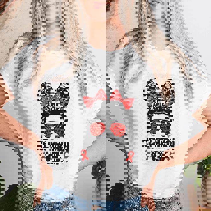 Red Ribbon Week Messy Bun Red Ribbon Week Awareness Women T-shirt Gifts for Her Red Ribbon Week Messy Bun Red Ribbon Week Awareness Women T-shirt Gifts for Her