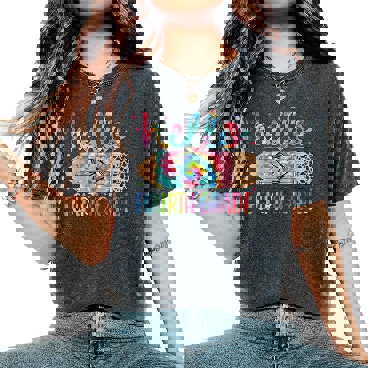 Back To School Hello Fourth 4Th Grade Leopard Tie Dye Pencil Women's Oversized Comfort T-Shirt