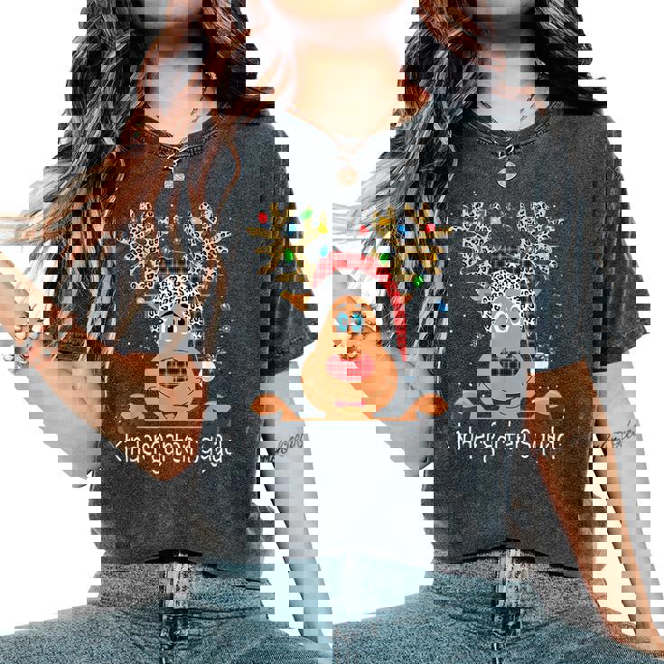 Kindergarten Squad Plaid Reindeer Santa Teacher Christmas Women's Oversized Comfort T-Shirt
