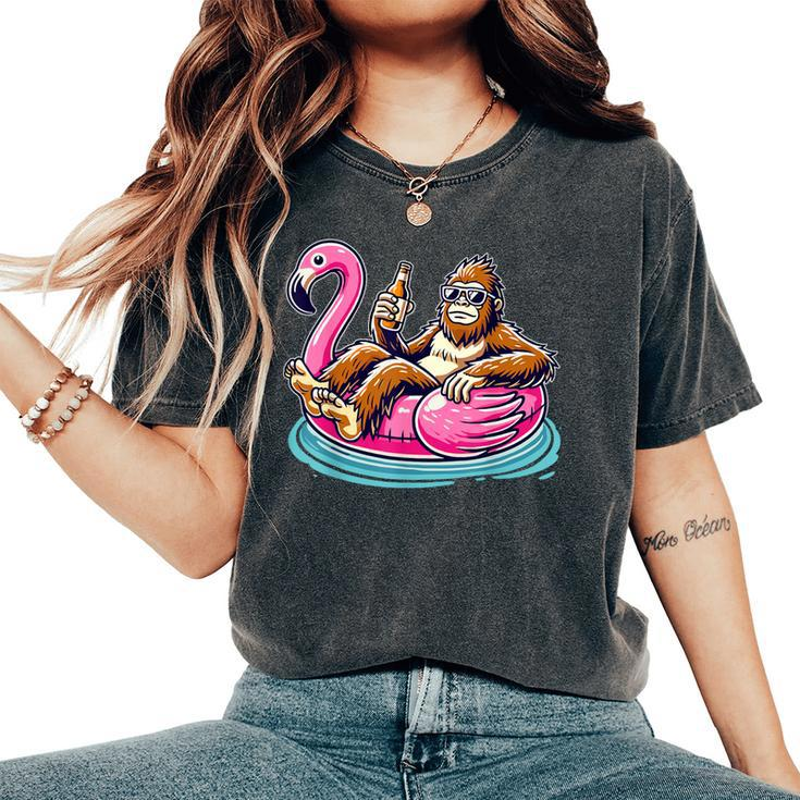 Bigfoot Chilling On Flamingo Float With Beer Fun Summer Vibe Women's Oversized Comfort T-Shirt