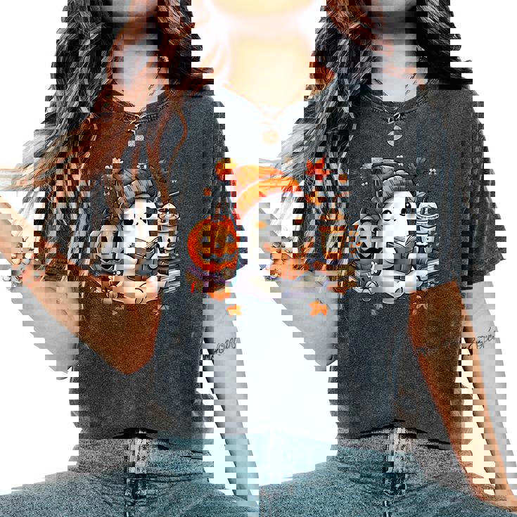 Halloween Ghost Reading Book Pumpkin Coffee Late Women's Oversized Comfort T-Shirt Halloween Ghost Reading Book Pumpkin Coffee Late Women's Oversized Comfort T-Shirt