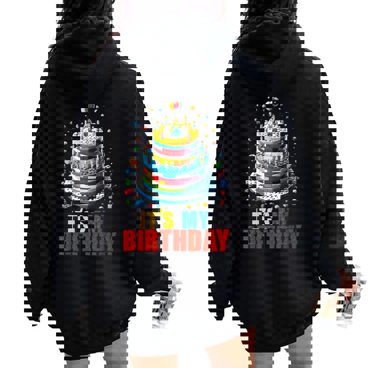 Building Bricks Cake It's My Birthday Boys Girls Build Women Oversized Hoodie Back Print