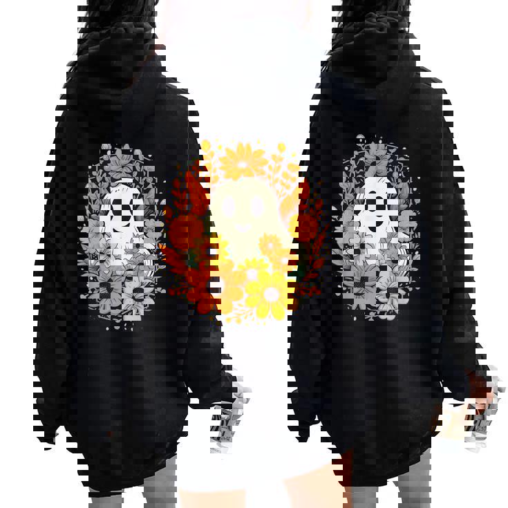 Floral Ghost Halloween Cute Ghost With Flower Women Oversized Hoodie Back Print