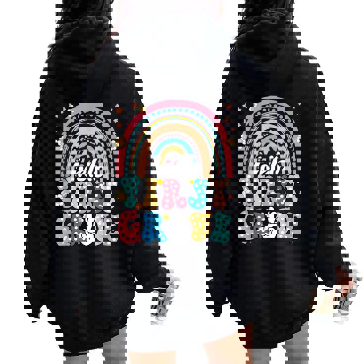 Groovy Rainbow Hello First Grade First Day Teacher Kid Women Oversized Hoodie Back Print