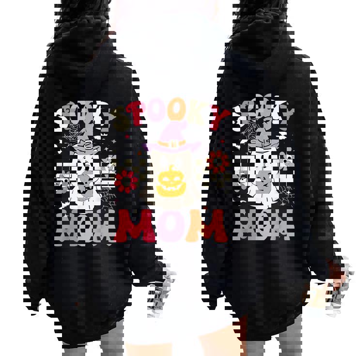 Groovy Spooky Mom Retro Ghost Holding Pumpkin Halloween Women Oversized Hoodie Back Print