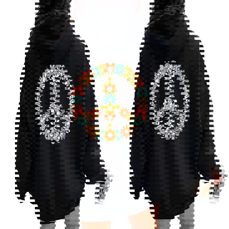 Hippie Peace Sign Groovy Flower 60S 70S Retro Outfit Women Oversized Hoodie Back Print
