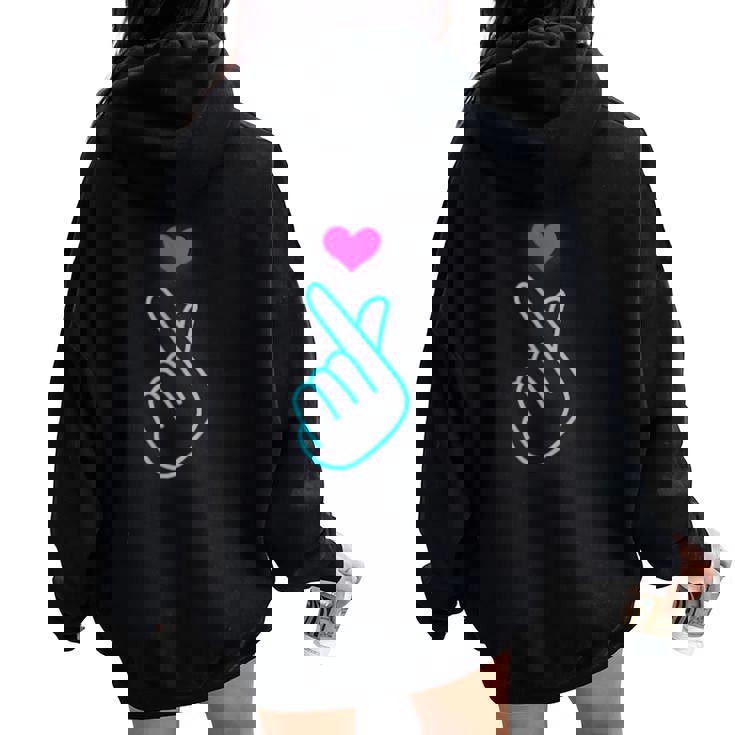 Kpop Dedo Corazón Símbolo Mano Azul Kpop Inspirado Amor Cuello Women Oversized Hoodie Back Print