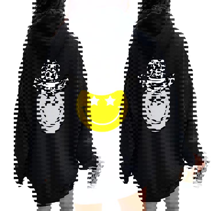 Lindo Western Country Cowgirl Sombrero Estrella Amarillo Sonrisa Cara Chica Cuello Women Oversized Hoodie Back Print