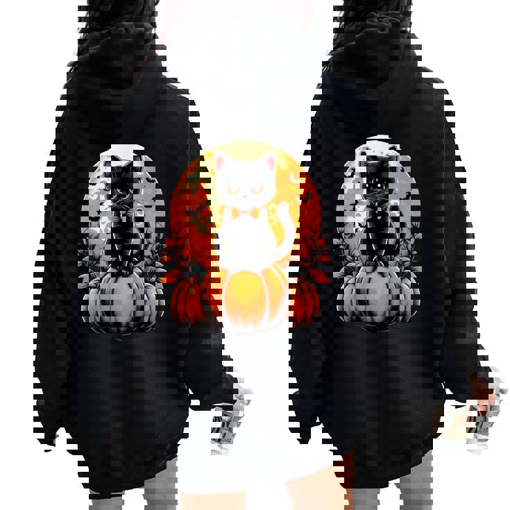 Retro Black Cat Pumpkin Halloween Costume Fall Autumn Season Women Oversized Hoodie Back Print Retro Black Cat Pumpkin Halloween Costume Fall Autumn Season Women Oversized Hoodie Back Print