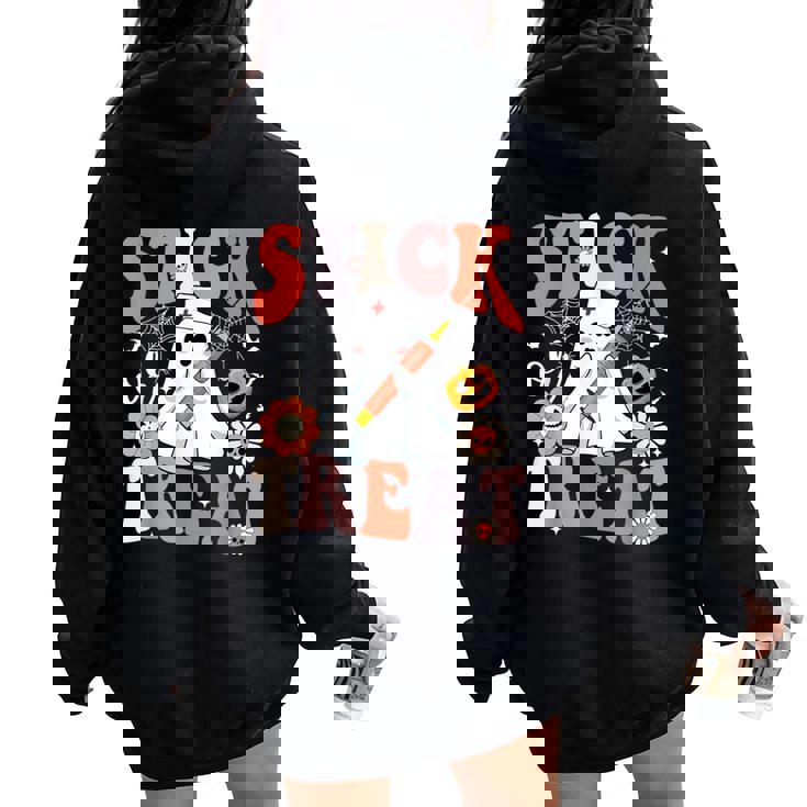 Stick Or Treat Ghost Nurse Halloween Crna Emergency Er Nurse Women Oversized Hoodie Back Print