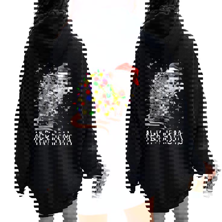 Merry Hissmas Possum Santa Hat Xmas Light Women Women Oversized Hoodie Back Print