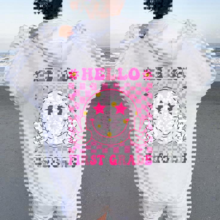 Hello First Grade Back To School First Day Of 1St Grade Women Oversized Hoodie Back Print