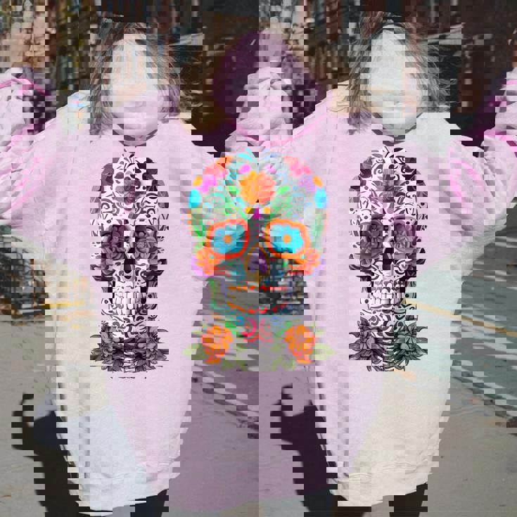 Floral Sugar Skull Day Of Dead Dia De Los Muertos Men Women Oversized Hoodie Back Print Thegiftio UK