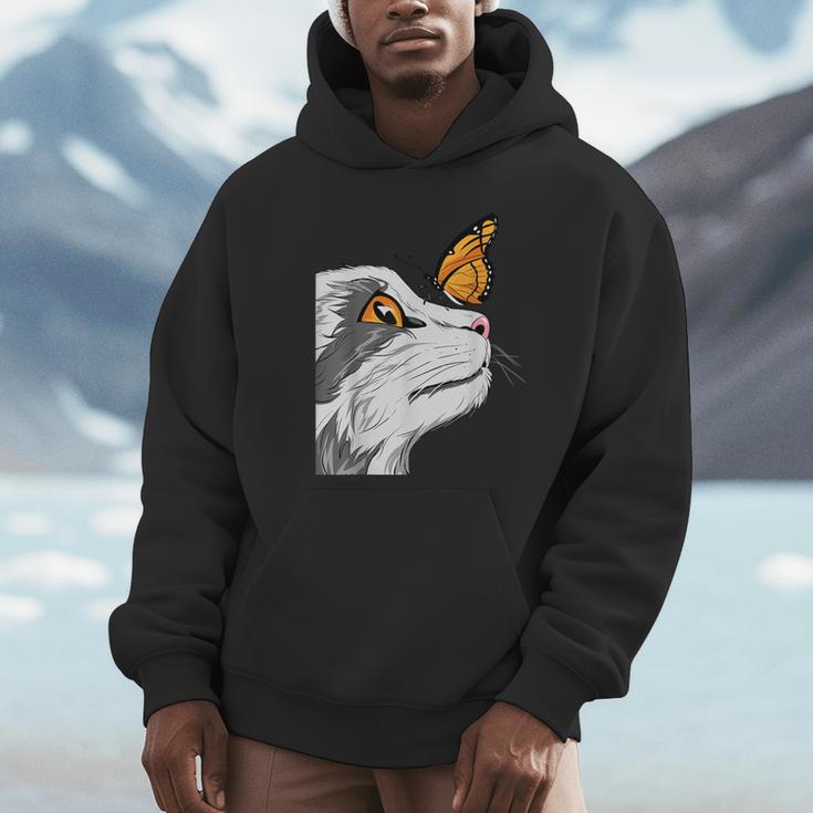 Cat With Monarch Butterfly On His Nose Butterfly Cat Lover Unisex Hoodie
