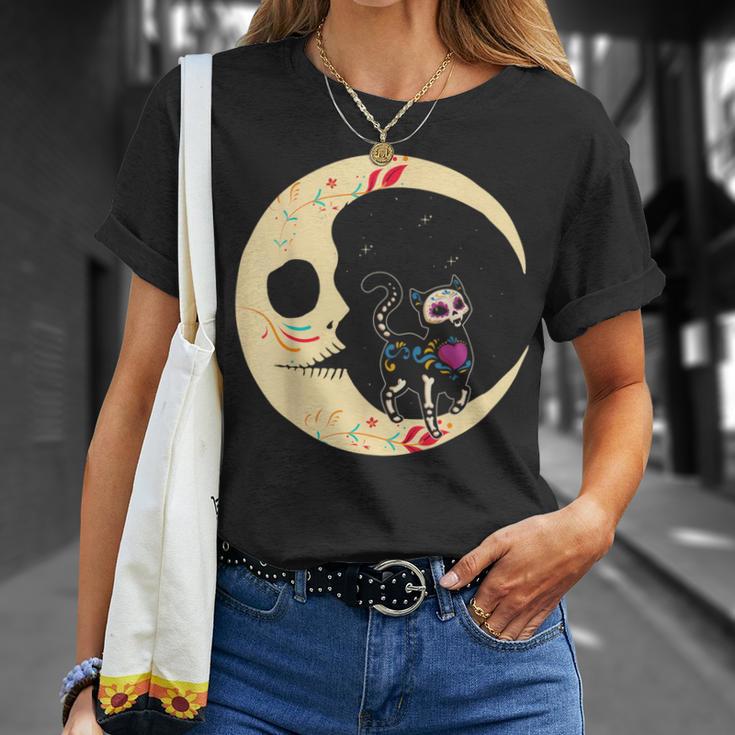 Dia De Los Muertos Cat & Moon Sugar Skull T-Shirt Geschenke für Sie