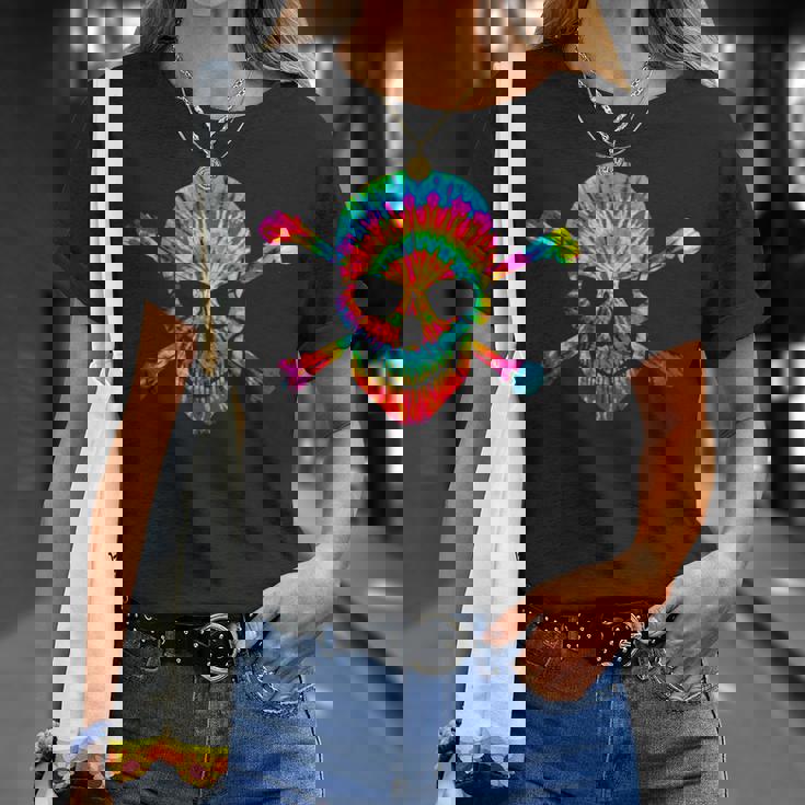 Skull Crossbones Skeleton Colorful Graphic Tie Dye T-Shirt Gifts for Her