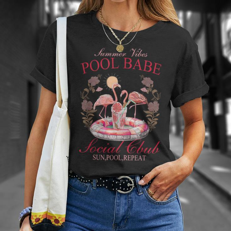 Summer Vibes Pool Babe Pink Flamingo Summer Vibes Beach T-Shirt Gifts for Her