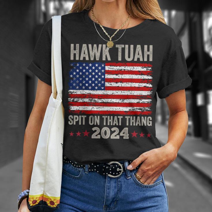 Usa Flag Hawk Tuah 24 Spit On That Thang 2024 Women's T-Shirt Geschenke für Sie