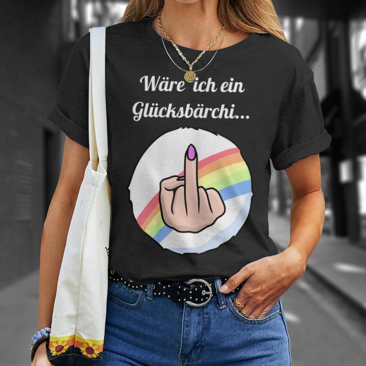 Women's Rainbow Was Ich Ein Glücksbärchi Middle Finger T-Shirt Geschenke für Sie