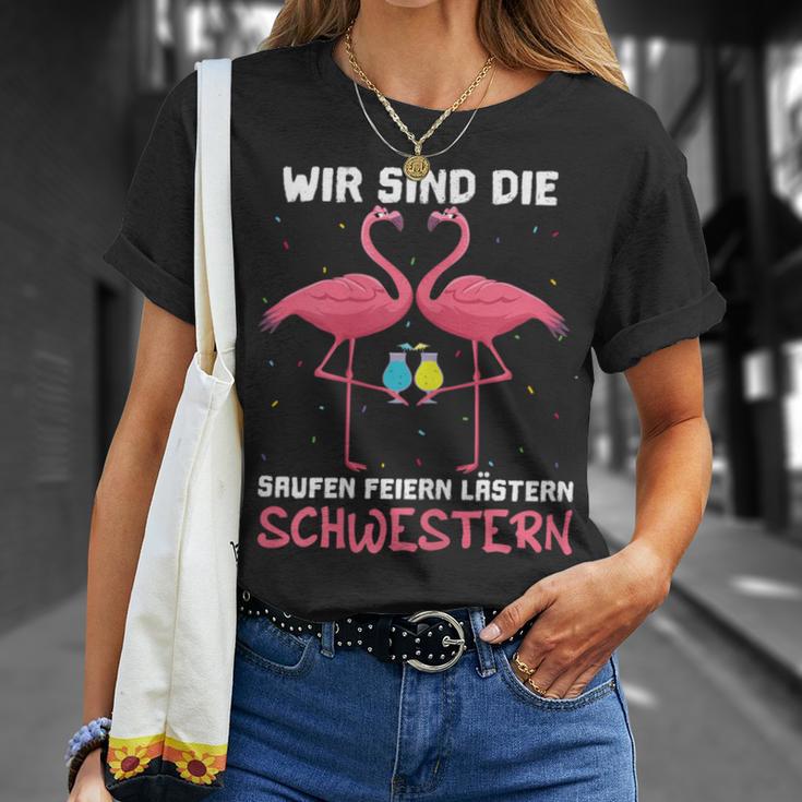 Women's With Wir Sind Die Saufen Feiern Lästern Schwestern Wine Sparkling Wine S T-Shirt Geschenke für Sie