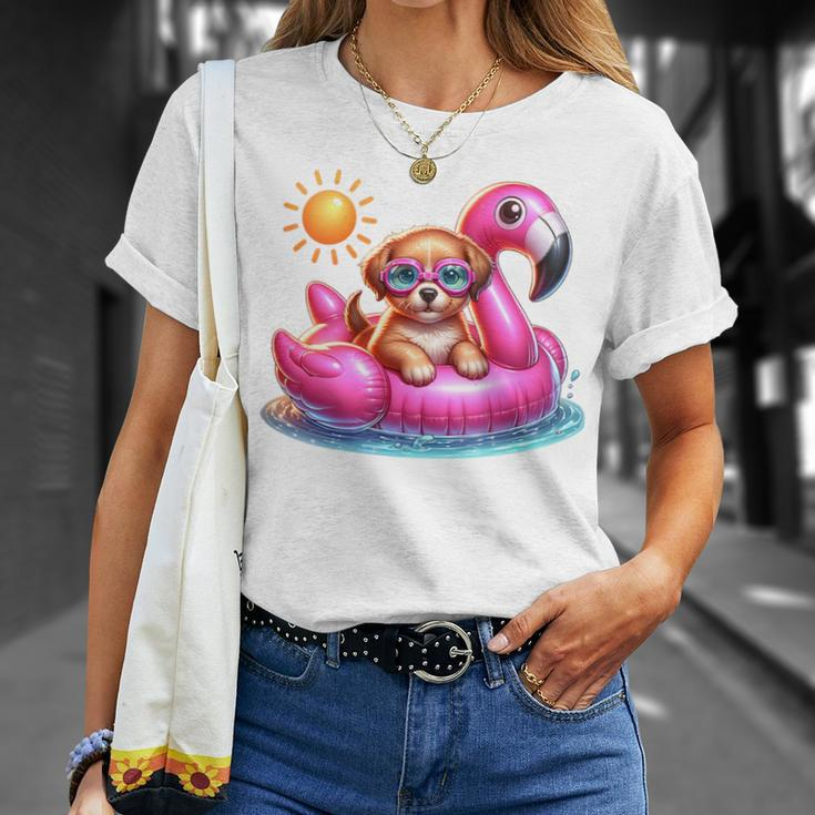 Cute Puppy Dog Pink Flamingo Summer Vibes Beach Lover Girls T-Shirt Gifts for Her