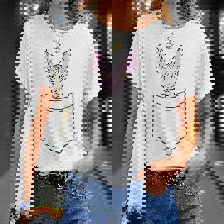Divertido Gato Sphynx En El Bolsillo Lindo Bebé Sphynx Gato Camiseta unisex Regalos para ella