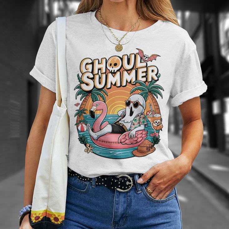 Fun Spooky Ghoul Summer Beach Vacation Flamingo Summer Vibes T-Shirt Gifts for Her