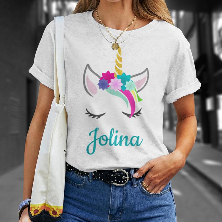 Jolina Name Geschenk Colourful Unicorn Jolina T-Shirt Geschenke für Sie