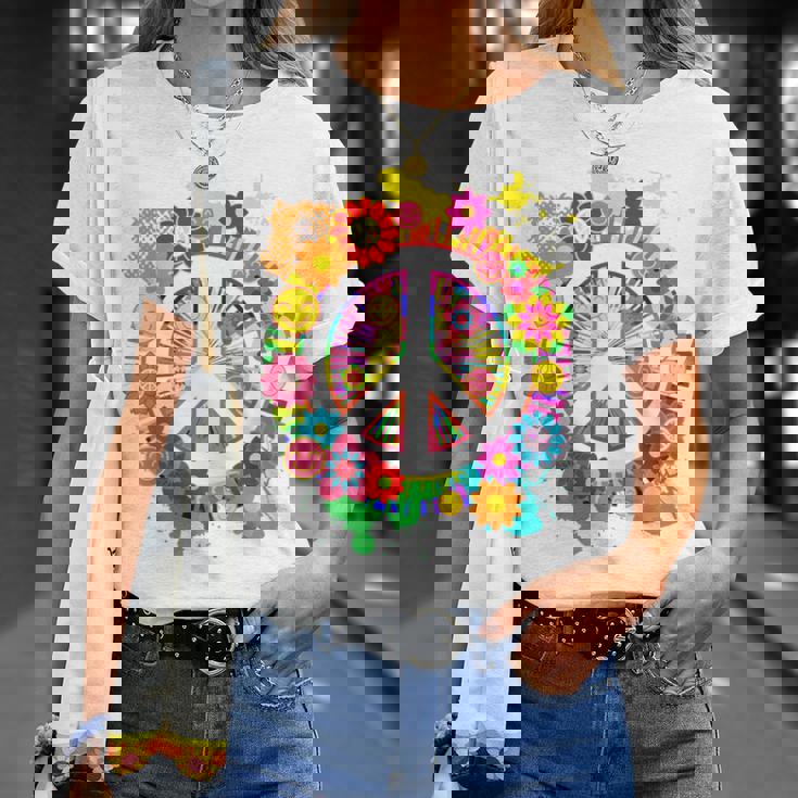 Segno Di Pace Luminoso Fiore Colorato Anni '60 Anni '70 Maglietta Regalos para ella