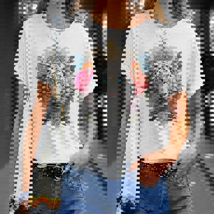 Tigre Flores Ojos Azules Animal Print Arte Tigre Camiseta unisex Regalos para ella