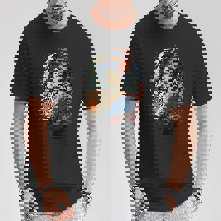 Geisha Japonesa Y Tigre Con El Monte Fuji Y La Pagoda En Camiseta unisex Regalos divertidos