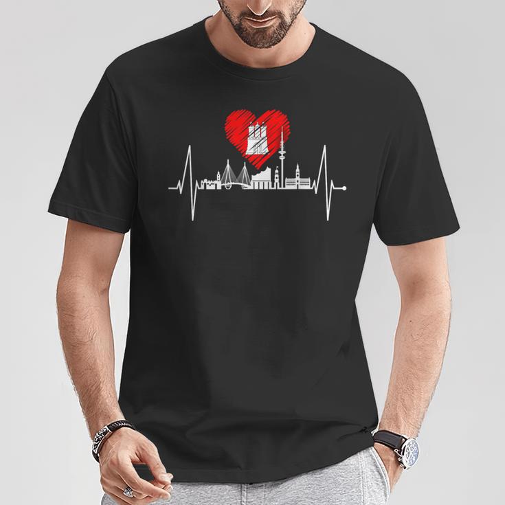 Hamburg Skyline Heartbeat Hamburger Hafen Heart Fan T-Shirt Lustige Geschenke