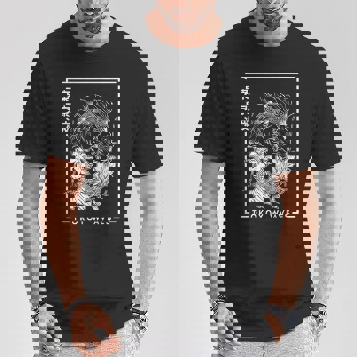 Japonés Koi Fish Blanco Negro Dibujado Minimalista Japón Arte Camiseta unisex Regalos divertidos