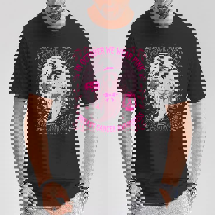 October We Wear Pink Ghost Halloween Pumpkins Breast Cancer T-Shirt Unique Gifts