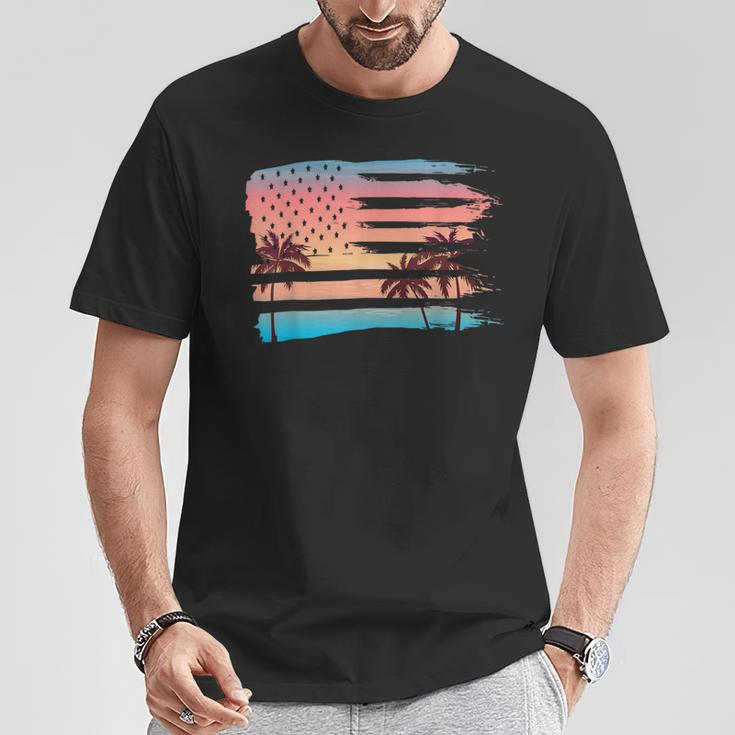 Vintage Tropical Summer-Holiday And Usa Flag Beach Palm Tree T-Shirt Unique Gifts