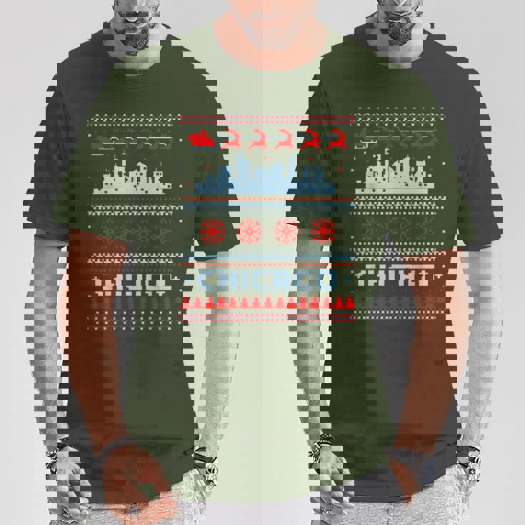 Chicago Flag City Skyline Chicago Fan Ugly Christmas Sweater T-Shirt Personalized Gifts