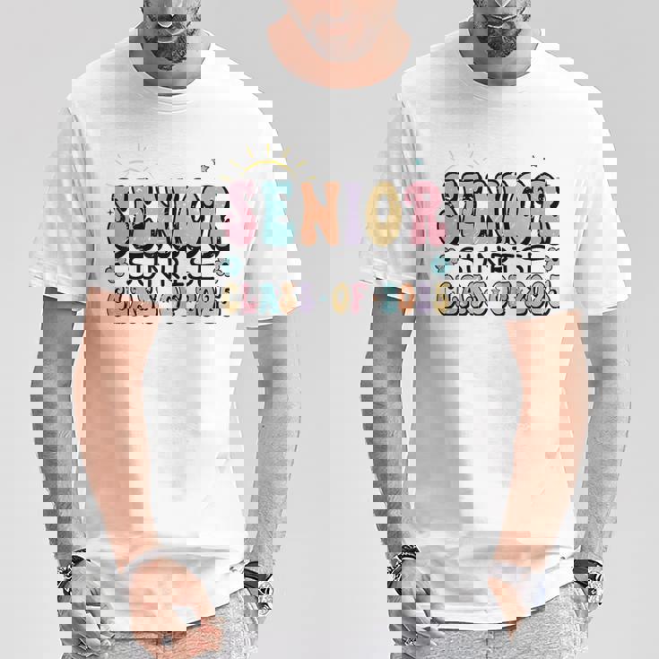 1St Day Of Senior Sunrise 2025 Back To School Groovy T-Shirt Unique Gifts