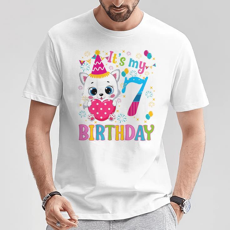 Kinder 7 Geburtstag Katze Mädchen Kätzchen Geburtstag Mädchen 7 Jahre Alt T-Shirt Lustige Geschenke