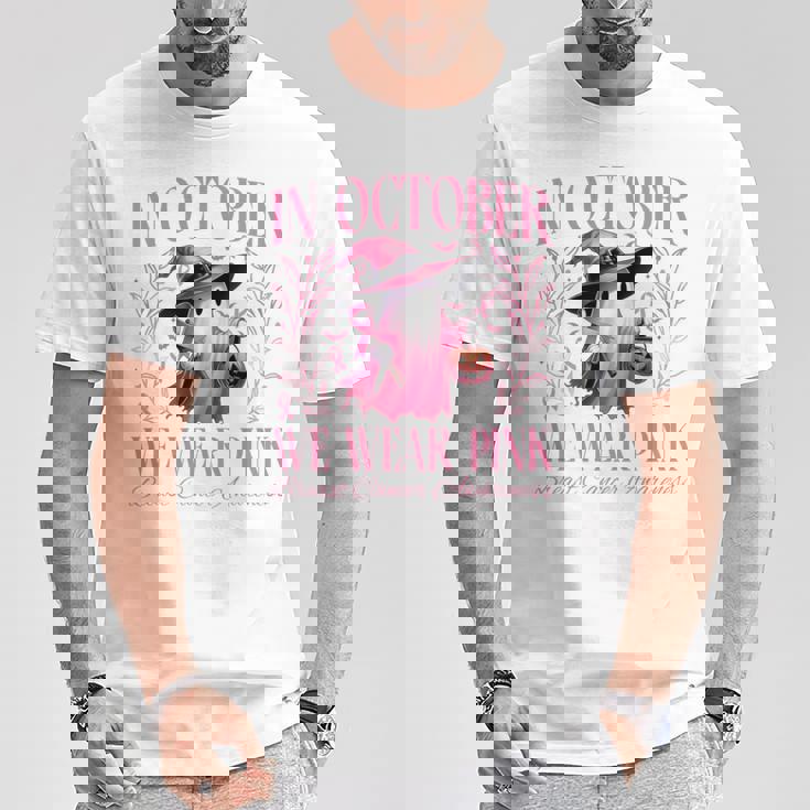 In October We Wear Pink Witch Ghost Pumpkin Breast Cancer T-Shirt Unique Gifts