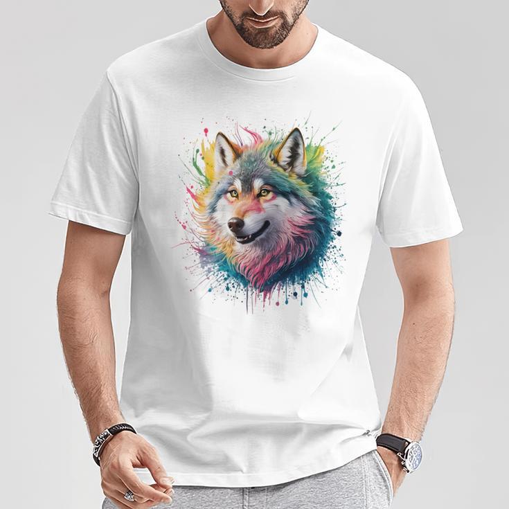 Wolf Herren Damen Bunt Aquarell Wolf T-Shirt Lustige Geschenke