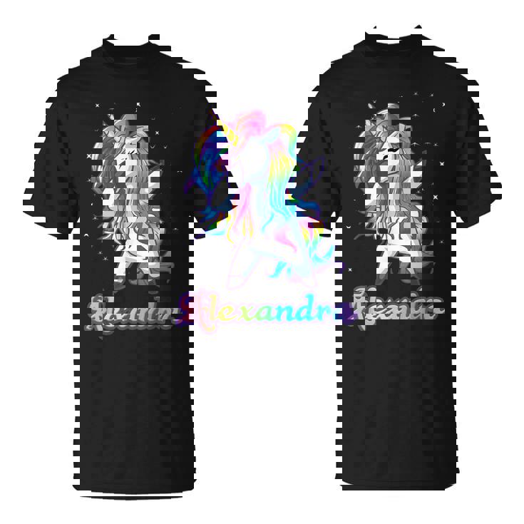 Alexandra Nombre Personalizado Rainbow Unicorn Dabbing Camiseta unisex