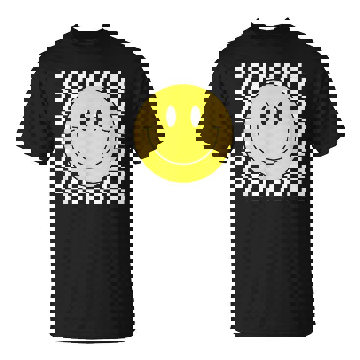 Amarilla De Los Años 70 Con Cara Sonriente A Cuadros Camiseta unisex