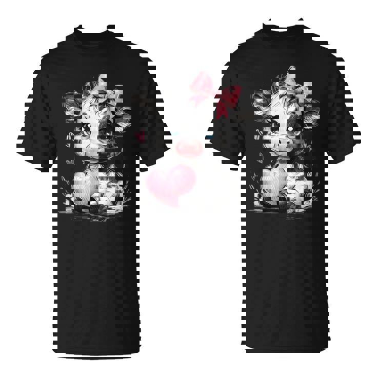 Awesome Black & White Cow Holding Heart Pink Coquette Bow T-Shirt