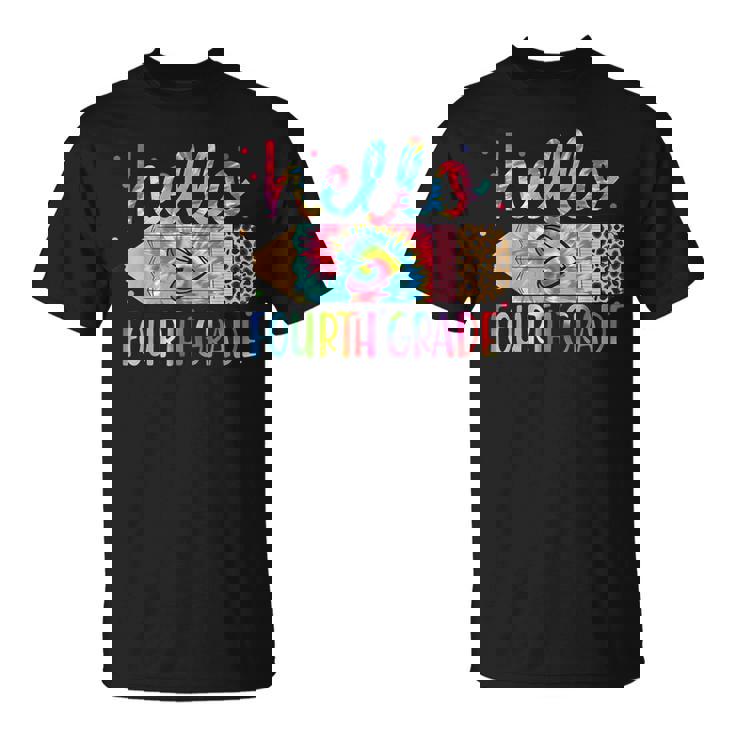 Back To School Hello Fourth 4Th Grade Leopard Tie Dye Pencil T-Shirt